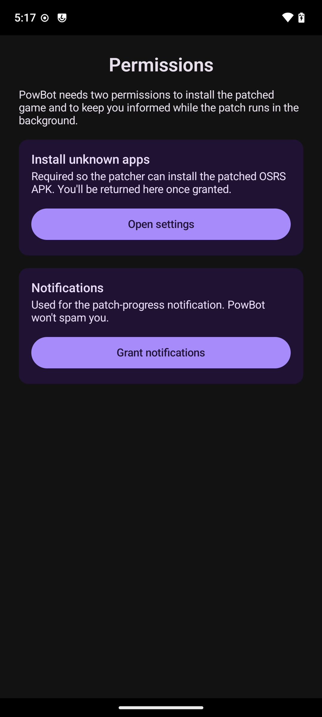 Permissions screen